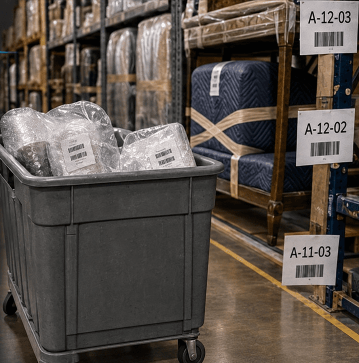 A contents warehouse with barcode-labeled shelving, wrapped furniture, and a tote of protected contents