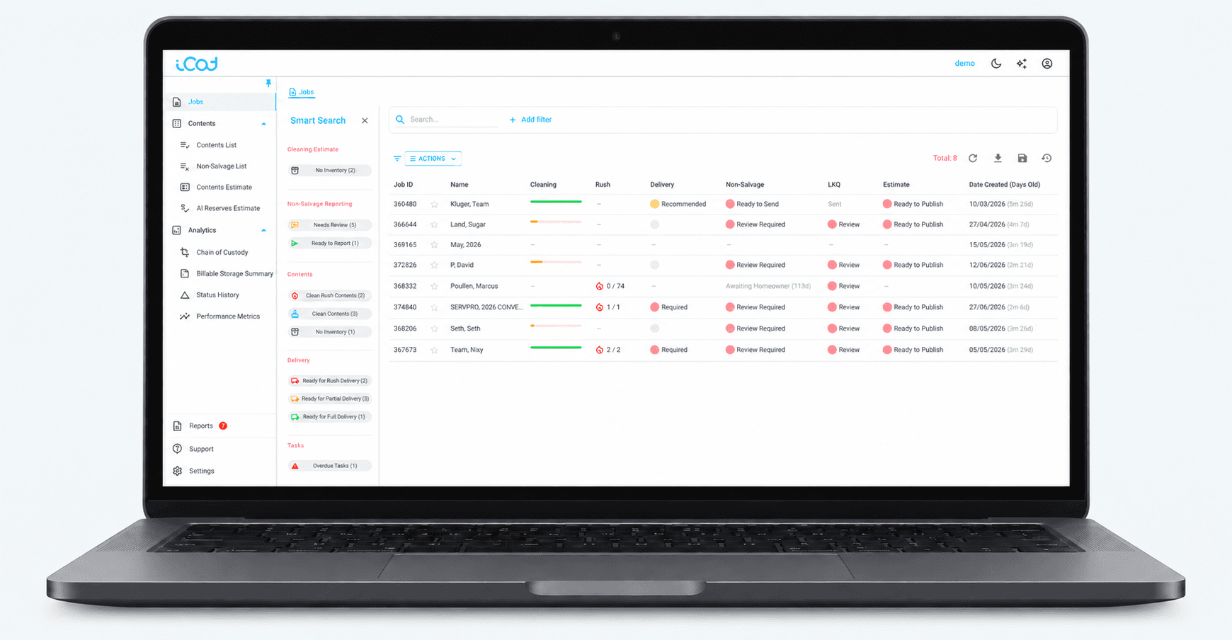 iCat Jobs workspace and Smart Search displayed on a laptop