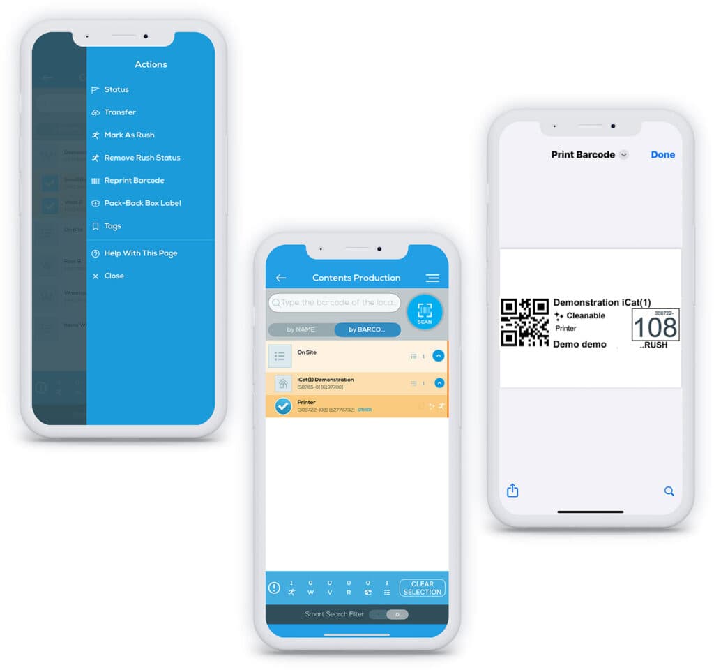 Actual iCat production screens with QR labels, barcode scanning and pack-back actions