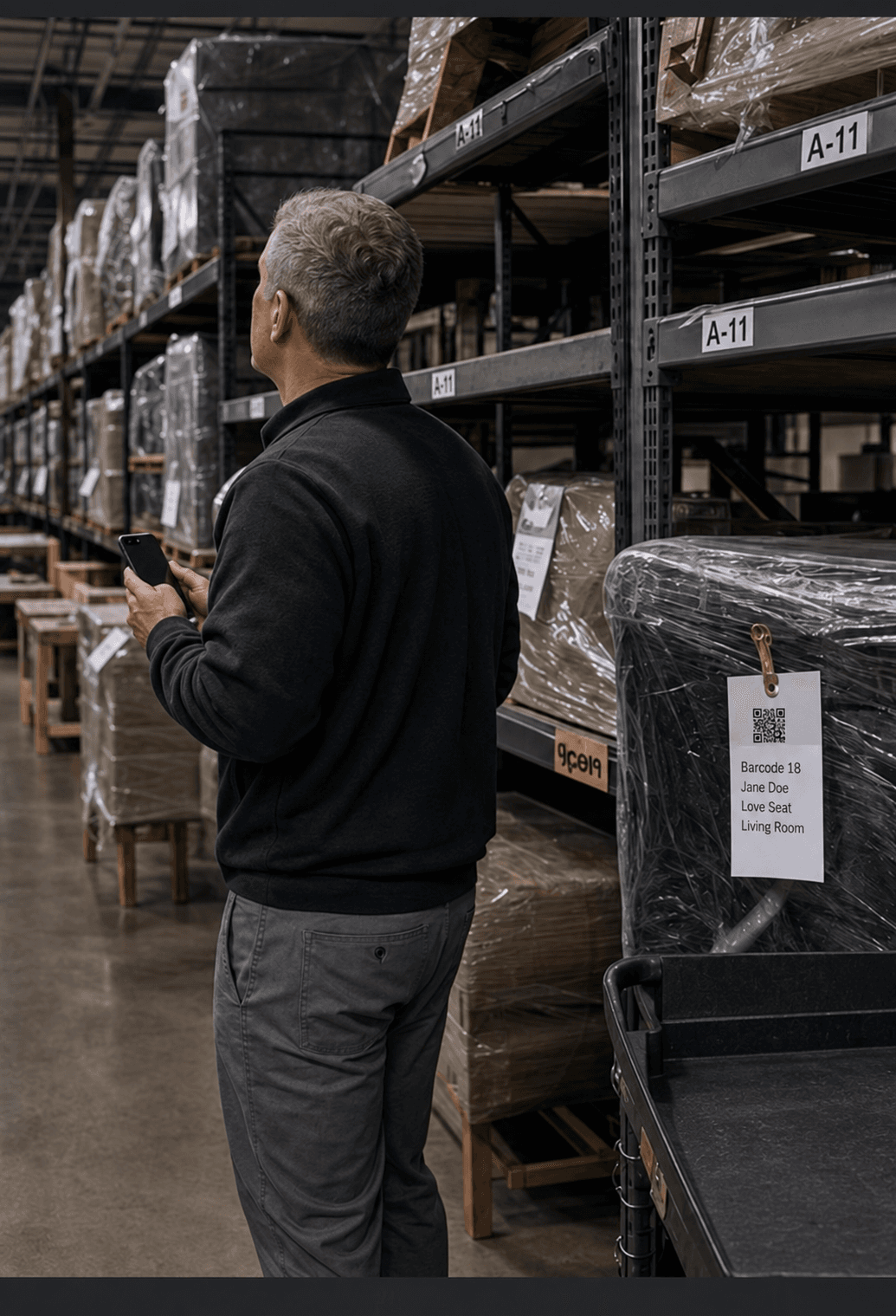 An operations leader holding a smartphone beside QR-tagged, wrapped contents on organized warehouse shelving