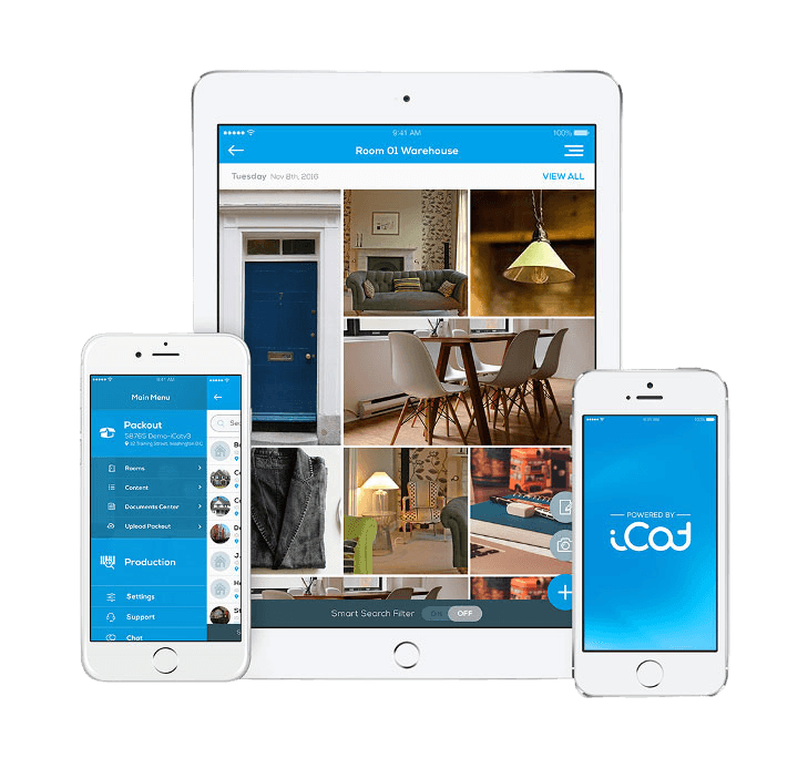 Verified iCat field documentation screens with a tablet showing a warehouse room photo grid beside mobile pack-out menu and iCat home screens