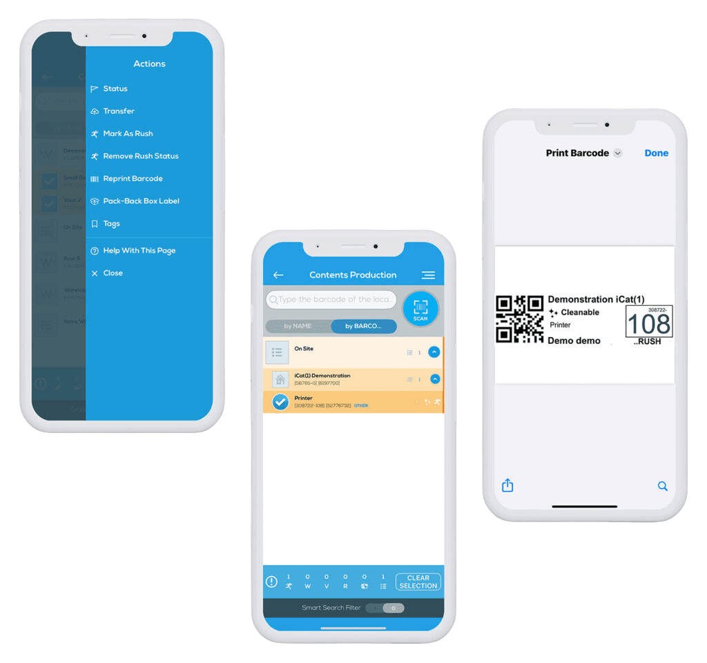 Verified iCat production mobile screens: the contents actions menu, the production location list, and a printed barcode label