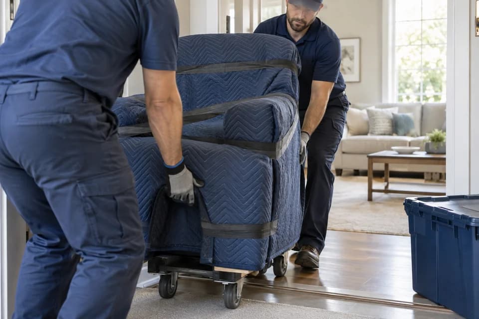 Illustrative scene of technicians moving protected furniture out of a home