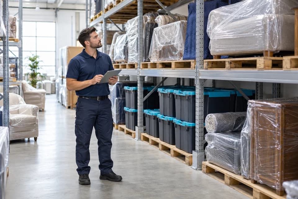 Illustrative organized warehouse storage with a technician using a tablet