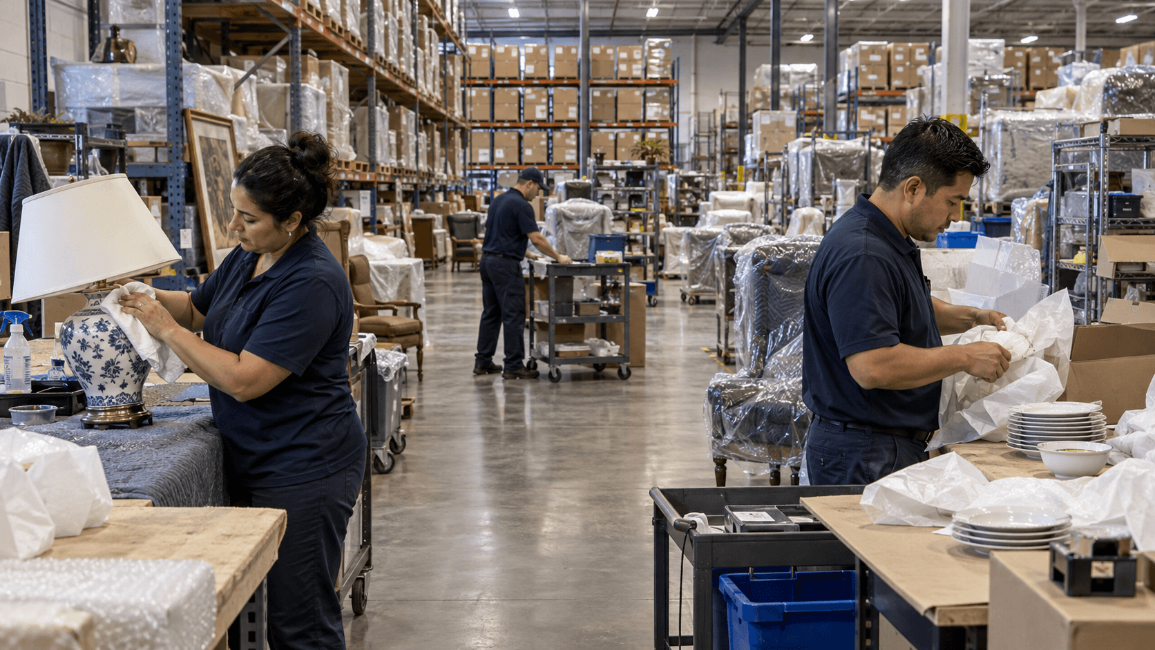 Contents restoration team cleaning and packaging household contents in an organized warehouse