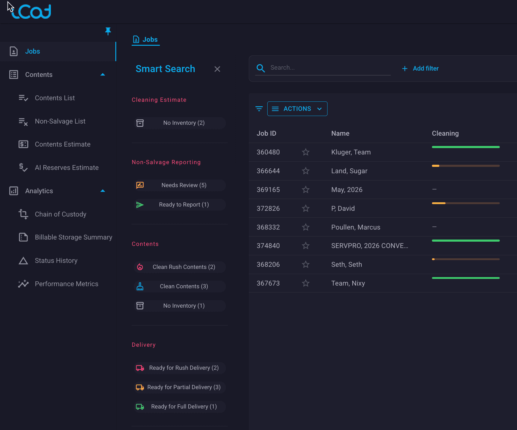 iCat Smart Search beside the Jobs table, with contents, estimating and analytics tools in the left navigation.