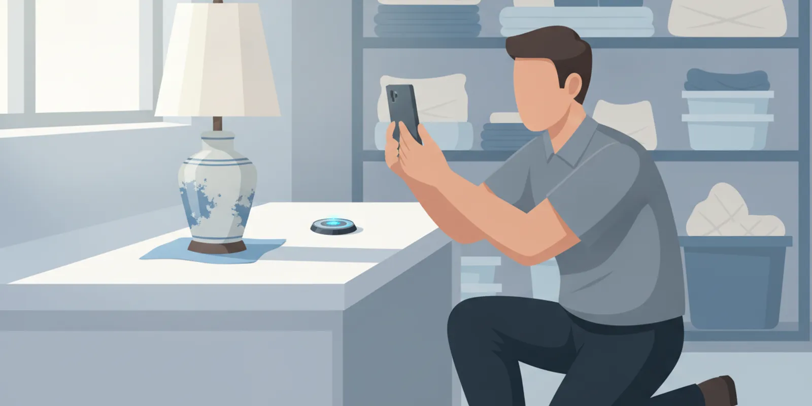 Restoration technician photographing a household item with a smartphone during a contents inventory