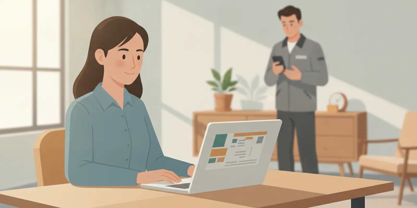 Restoration operations manager reviewing customer and job status on a laptop in a bright office