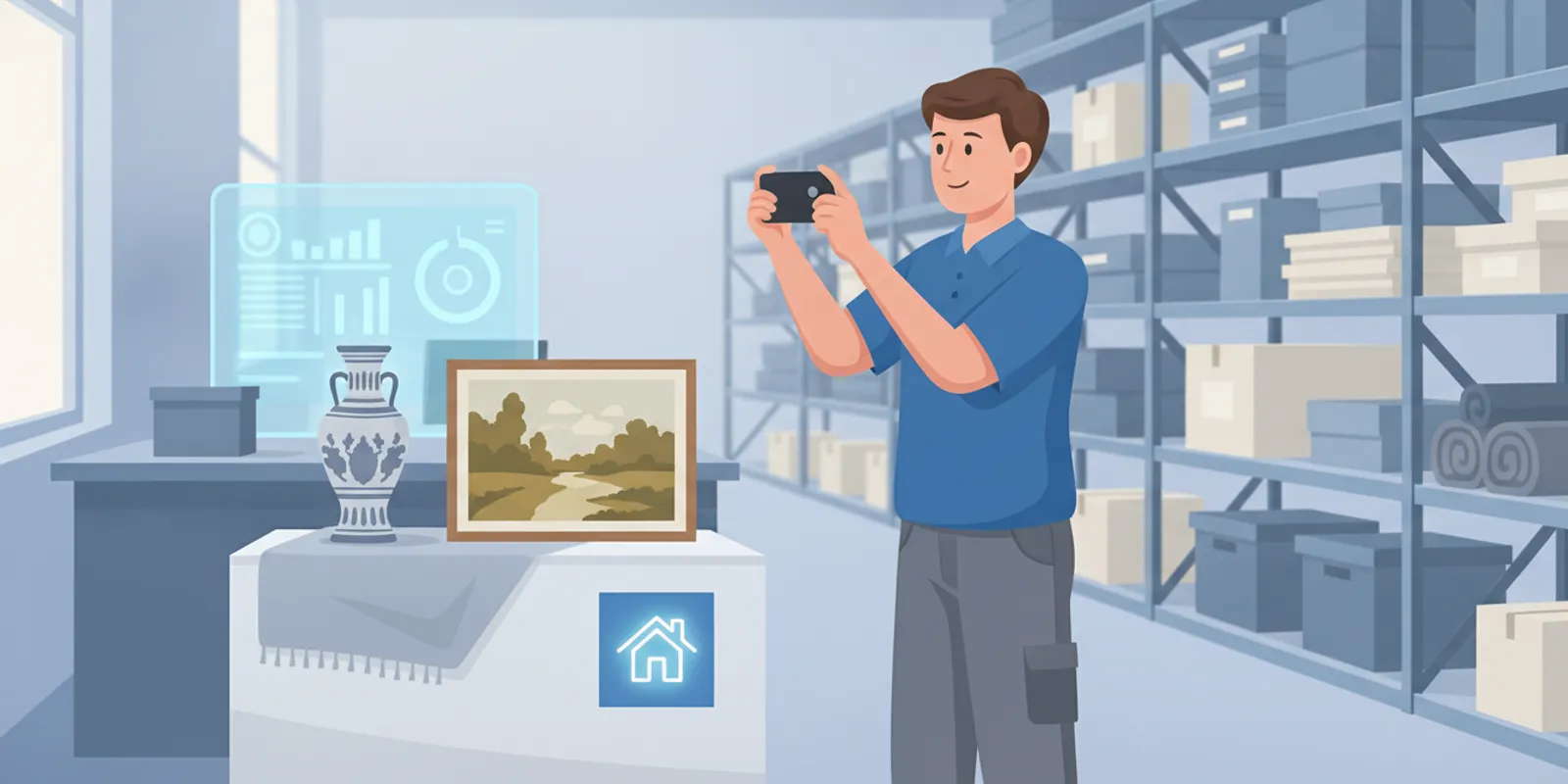 Contents restoration technician using a phone to document a boxed item in a clean warehouse