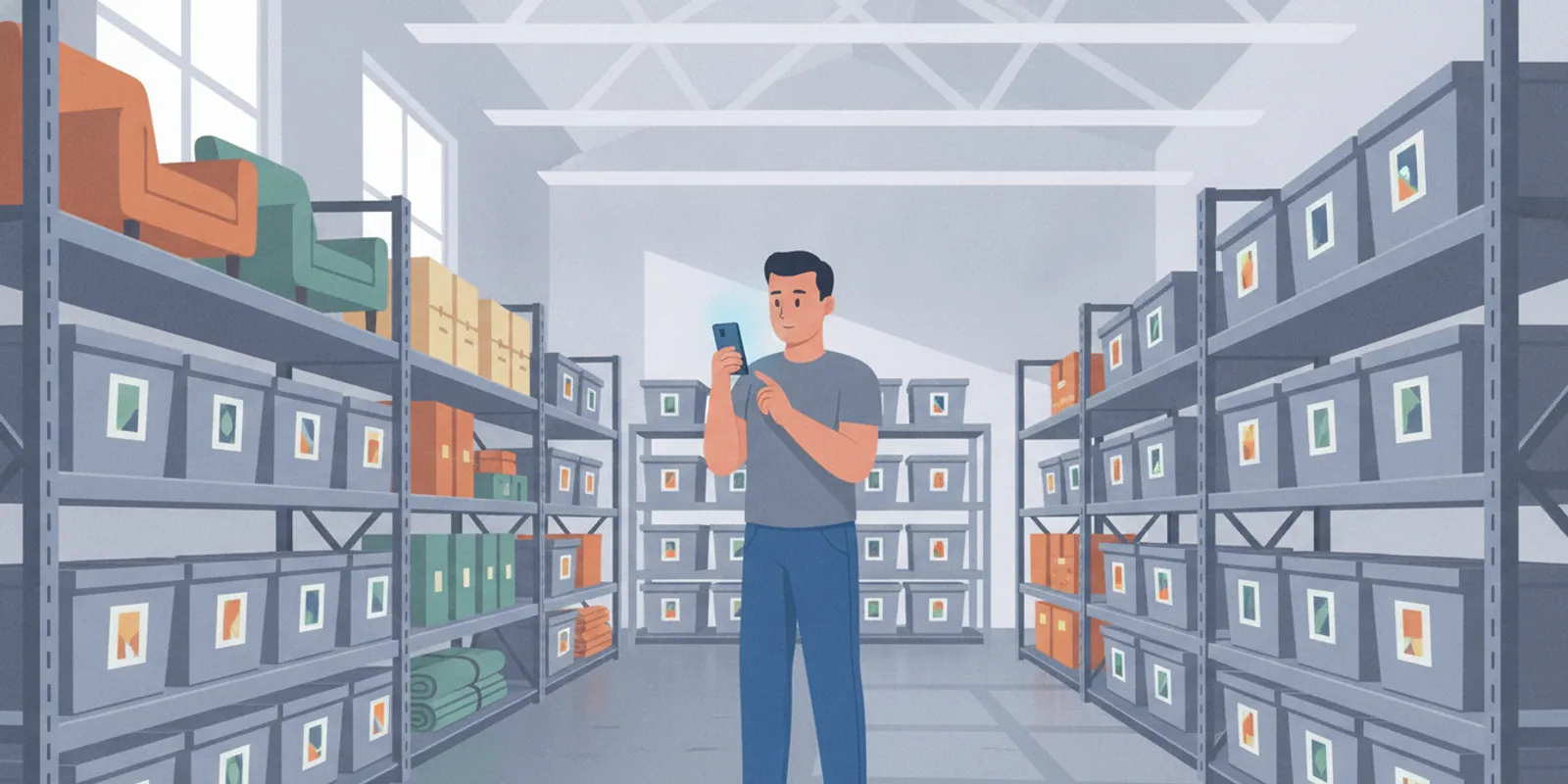 Contents restoration technician using a phone to check digitally tracked items in a clean warehouse