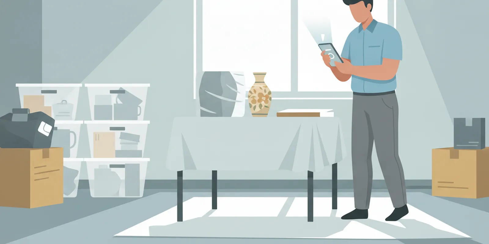 Restoration technician photographing a household item with a mobile device during contents inventory