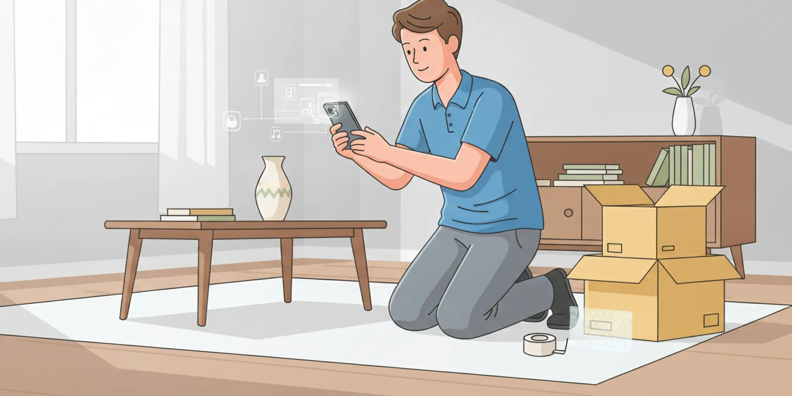 Restoration technician using a phone to capture contents during a residential pack-out
