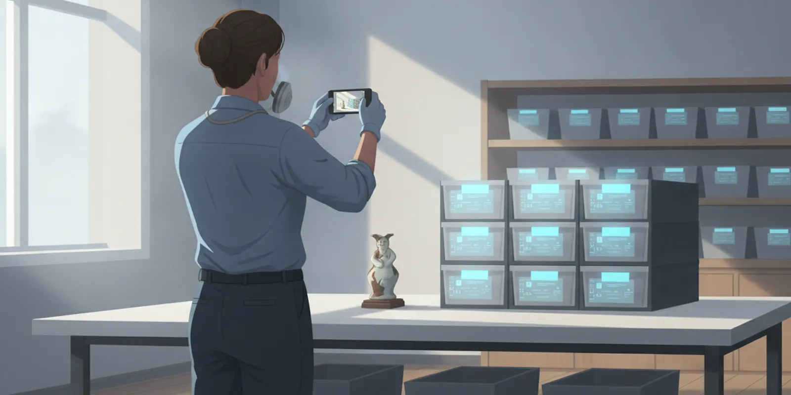 Contents restoration technician photographing household items with a smartphone at a job site