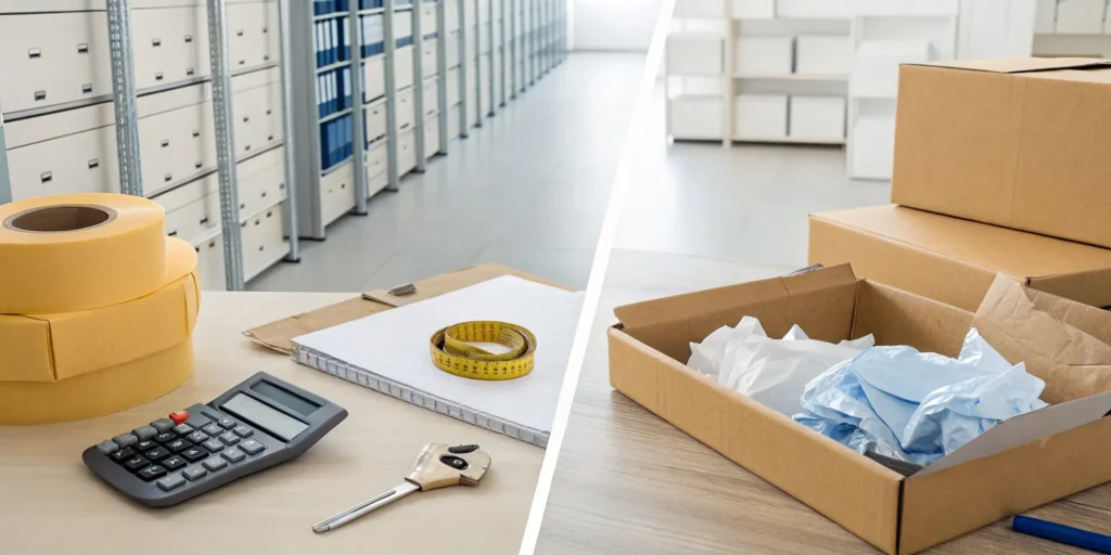 Manual contents inventory challenges for adjusters with stacks of paperwork and boxes.