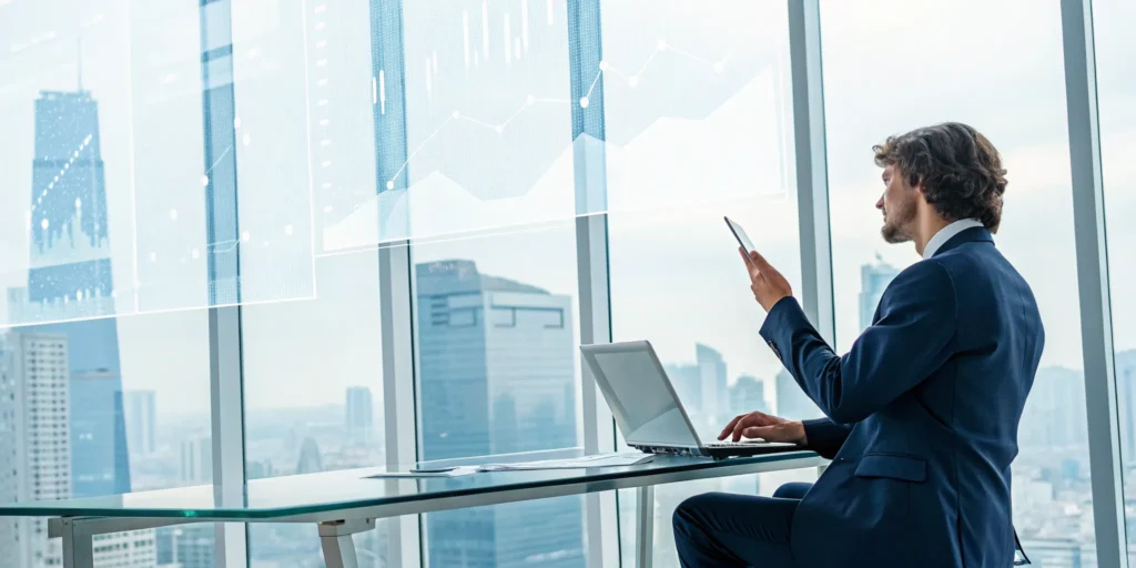 An insurance professional using AI for insurance claims to analyze data.