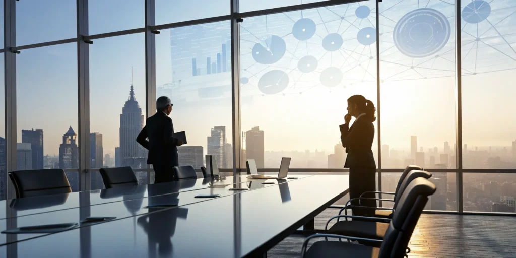 Business professionals discussing enterprise software in an office with digital analytics graphics.