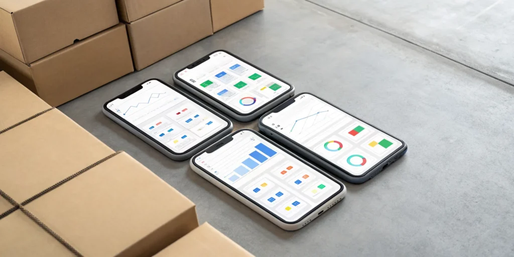 A smartphone showing a pack out inventory app used to track items in packing boxes.