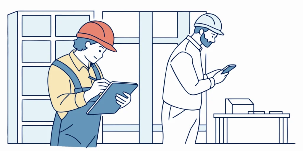 Restoration professionals planning a pack-out and entering inventory on a tablet in a bright office