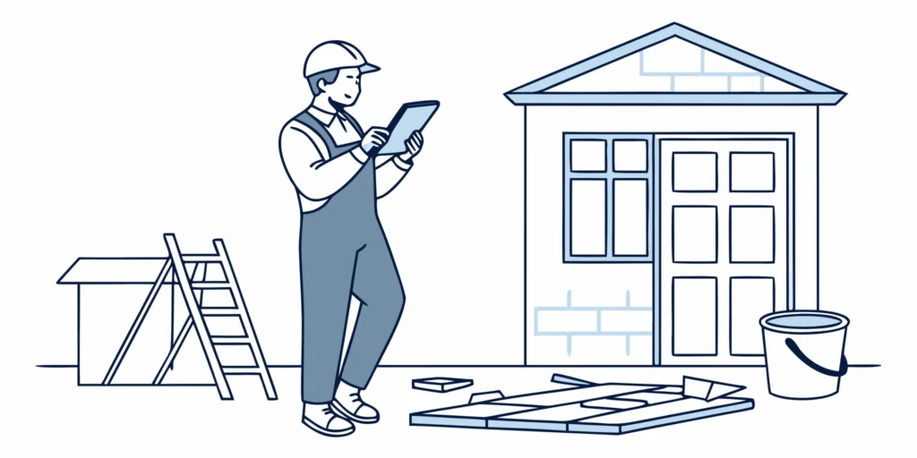 Restoration contractor reviewing a digital contents inventory on a tablet at a residential job site
