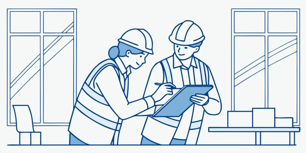 Two restoration professionals collaborating over a tablet in a bright modern office