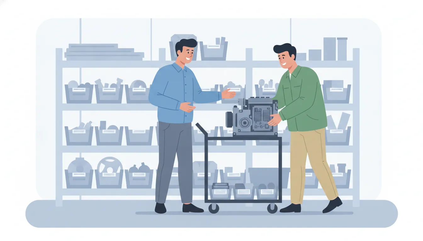 Restoration manager and technician reviewing a contents handoff in organized storage