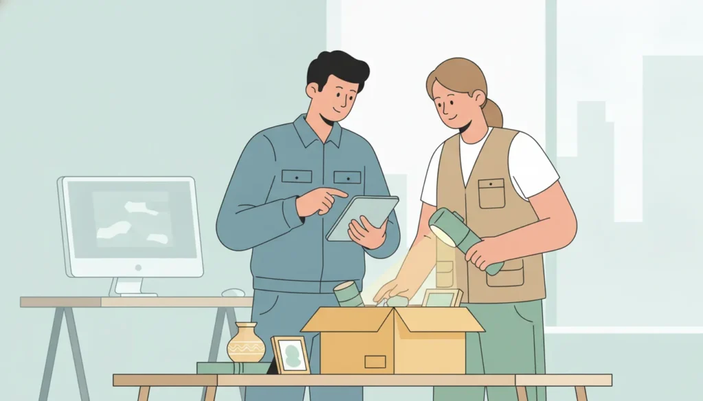 Restoration professionals reviewing a contents inventory at a clean workspace