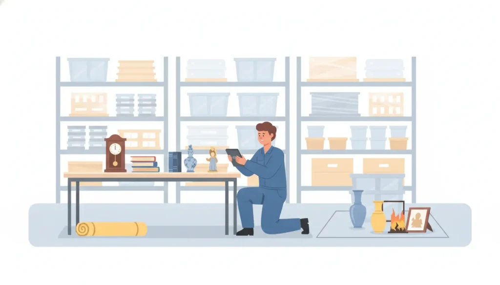 Contents restoration technician cataloging household items in a bright warehouse facility