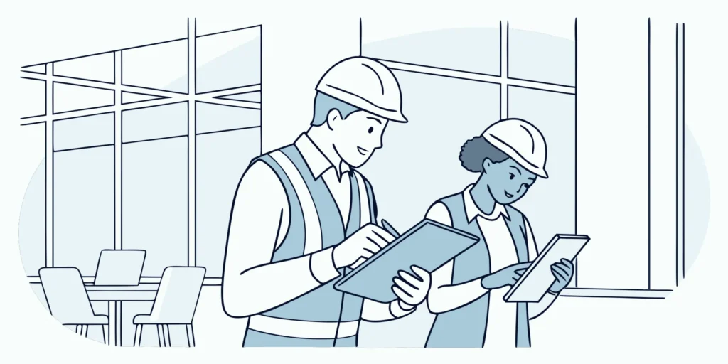 Two restoration operations managers reviewing inventory on tablets in a modern office