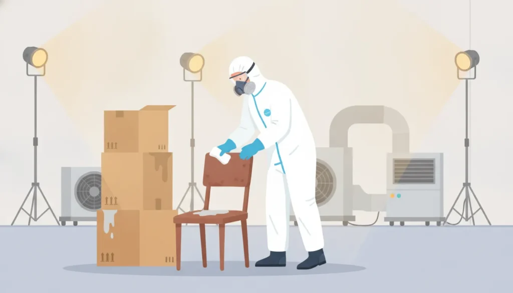 Restoration technician inspecting water-damaged household contents in a bright drying room