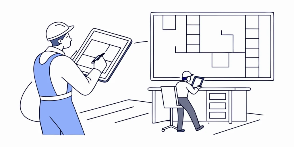 Digital workspace showing a restoration contractor's tablet with organized inventory items in a modern office setting
